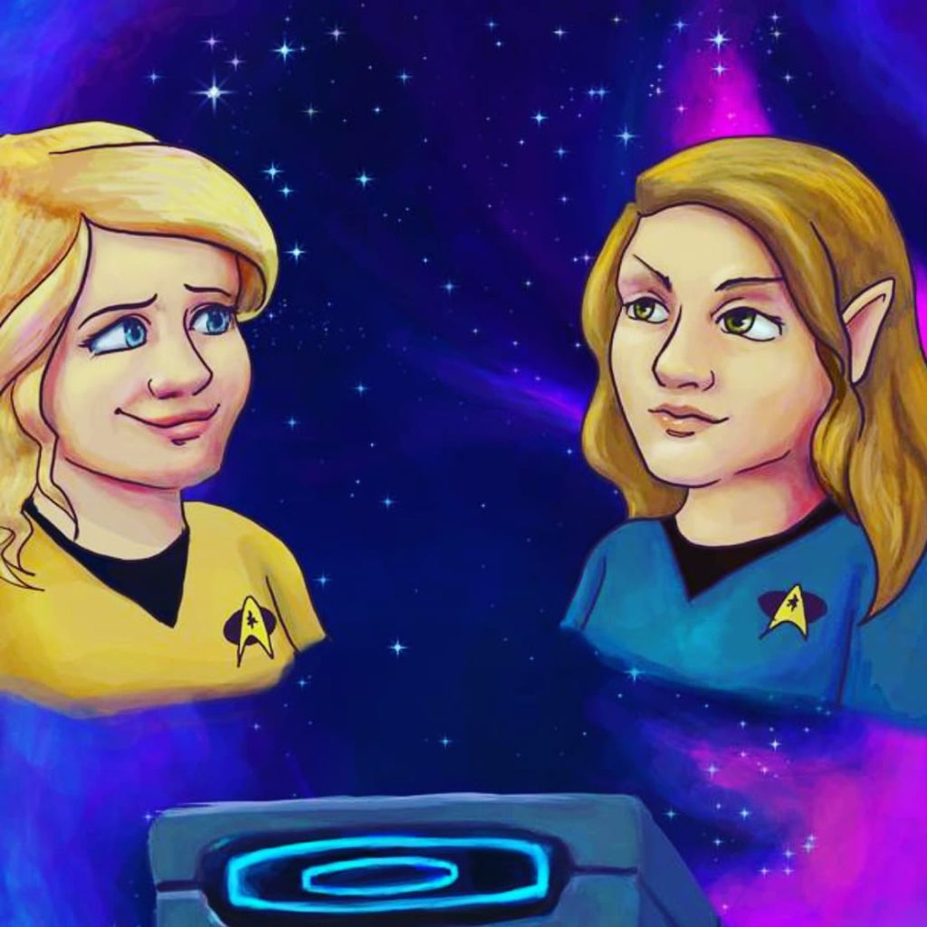 Larisa and Justine as cartoon Spock and Kirk.